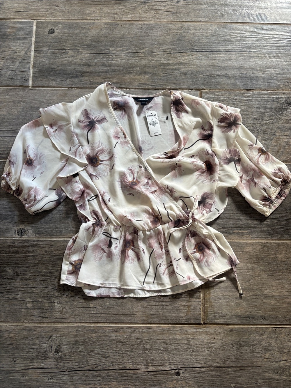 Express Cream Wrap Peplum Blouse with Dusty Pink Floral